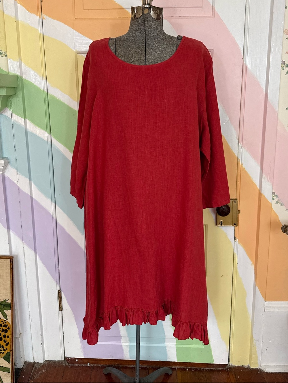 Bryn Walker 100% Linen Ruffle Hem Shift Dress Boho Lagenlook Sz XL 🧡🍄